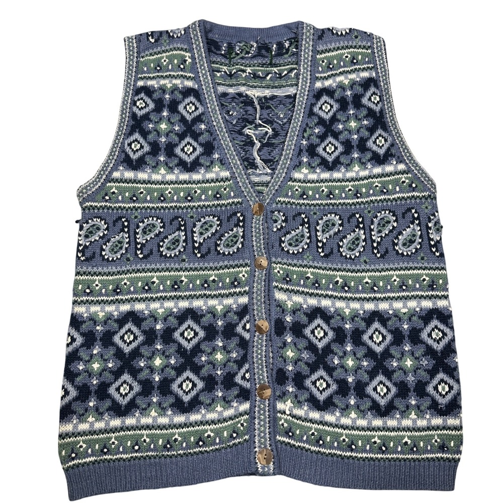 Vintage Fair Isle Paisley Knit Cardigan Vest Blue Green Thick Sleeveless Sweater